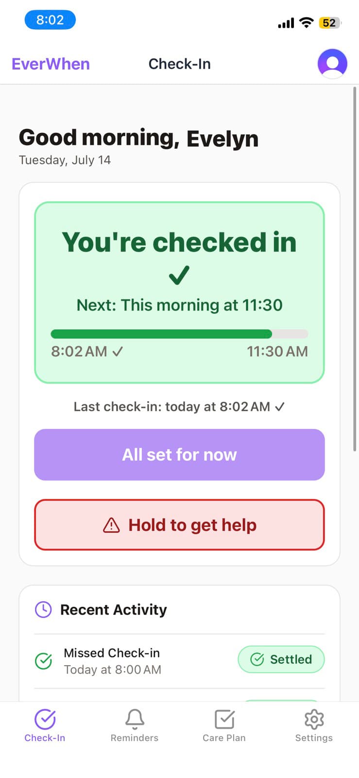 EverWhen daily check-in screen