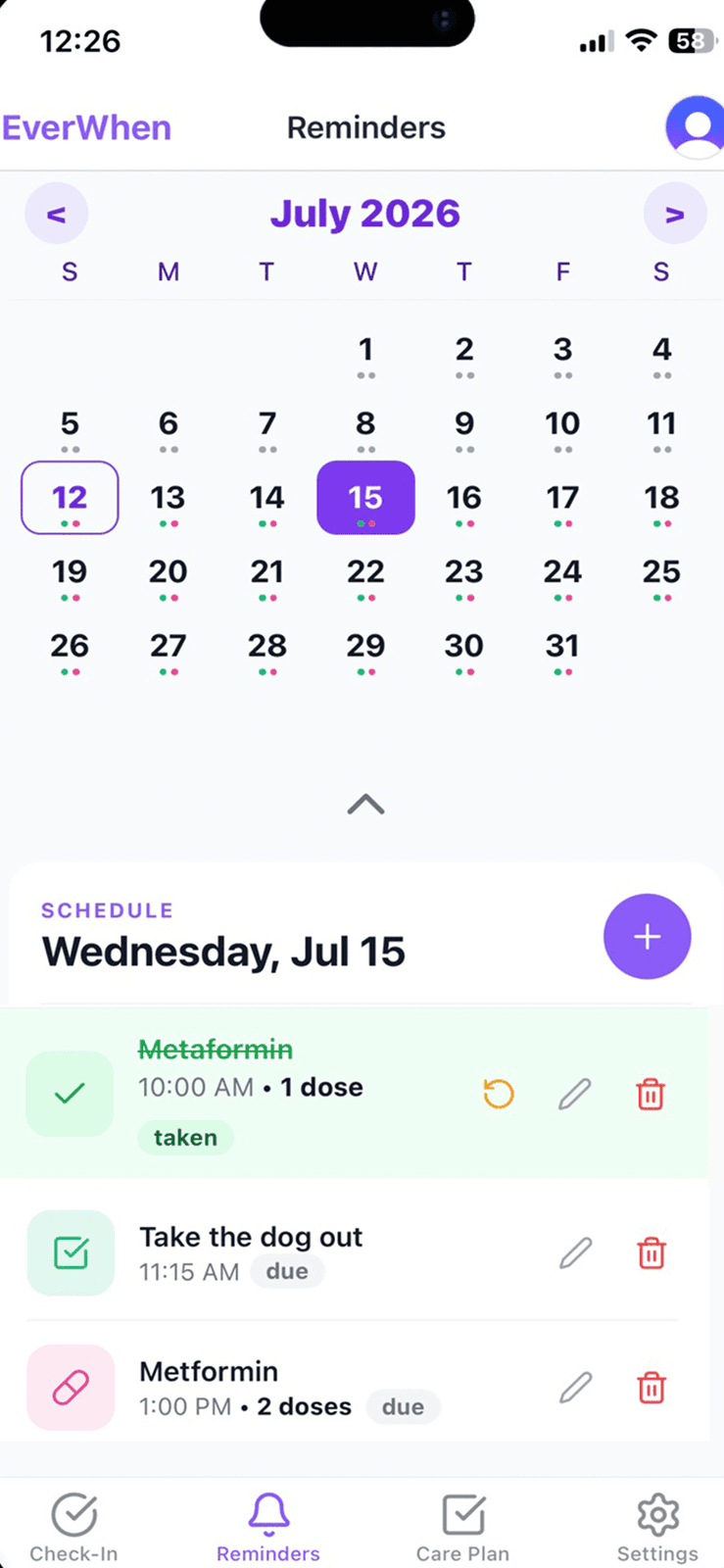 EverWhen calendar showing a medication marked taken with appointments and everyday tasks