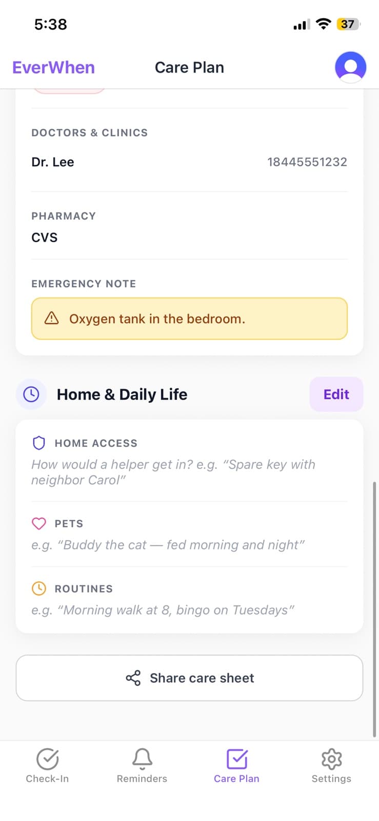 EverWhen — Care plan