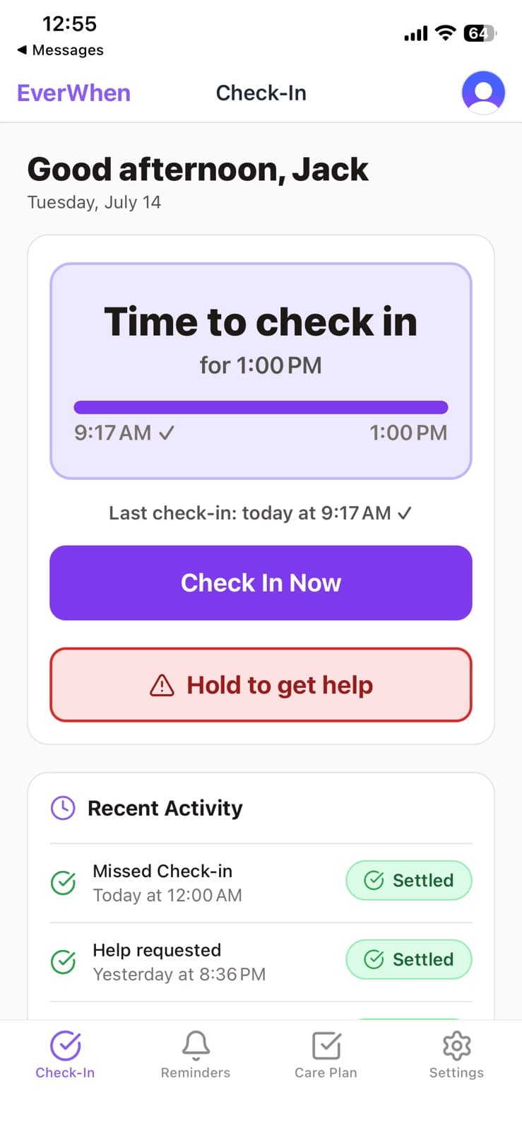 EverWhen check-in screen — Due