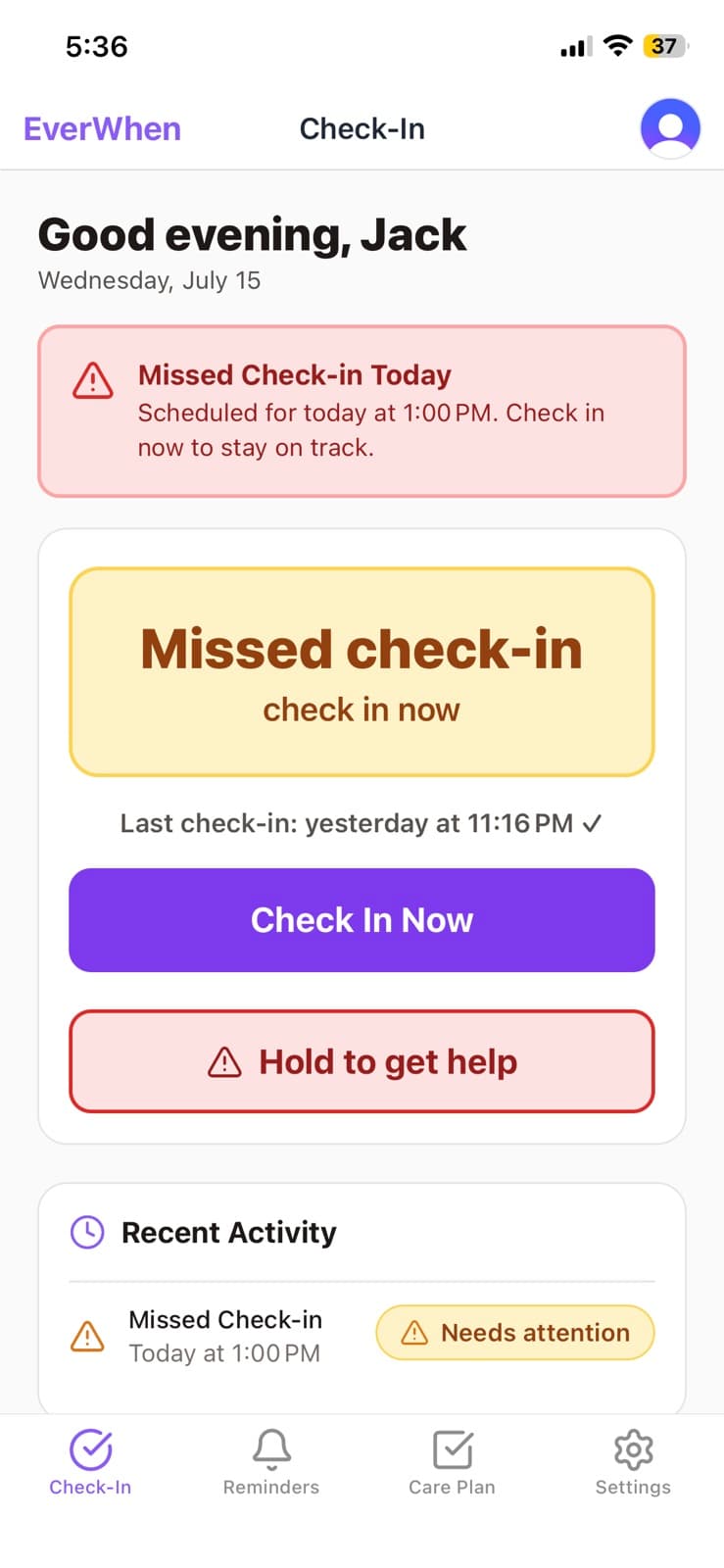 EverWhen check-in screen — Needs attention