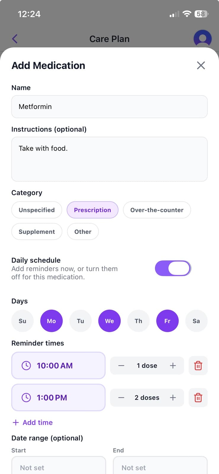 EverWhen Add Medication screen with category, weekdays, reminder times, doses, and date range