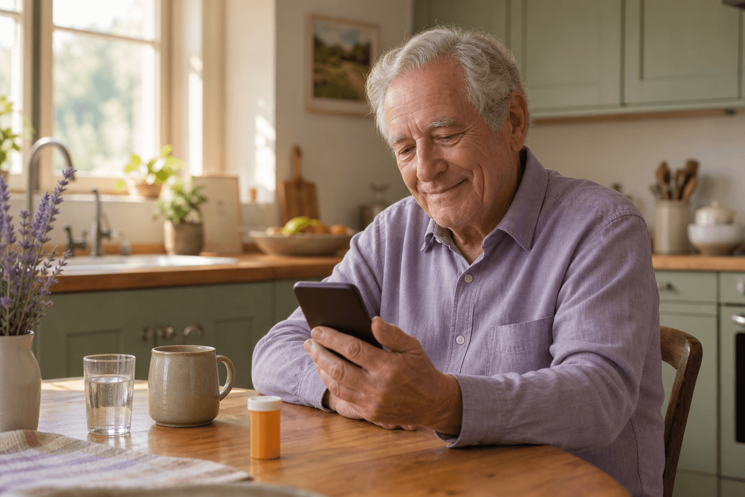 An older father at home checking a reminder on his iPhone during breakfast