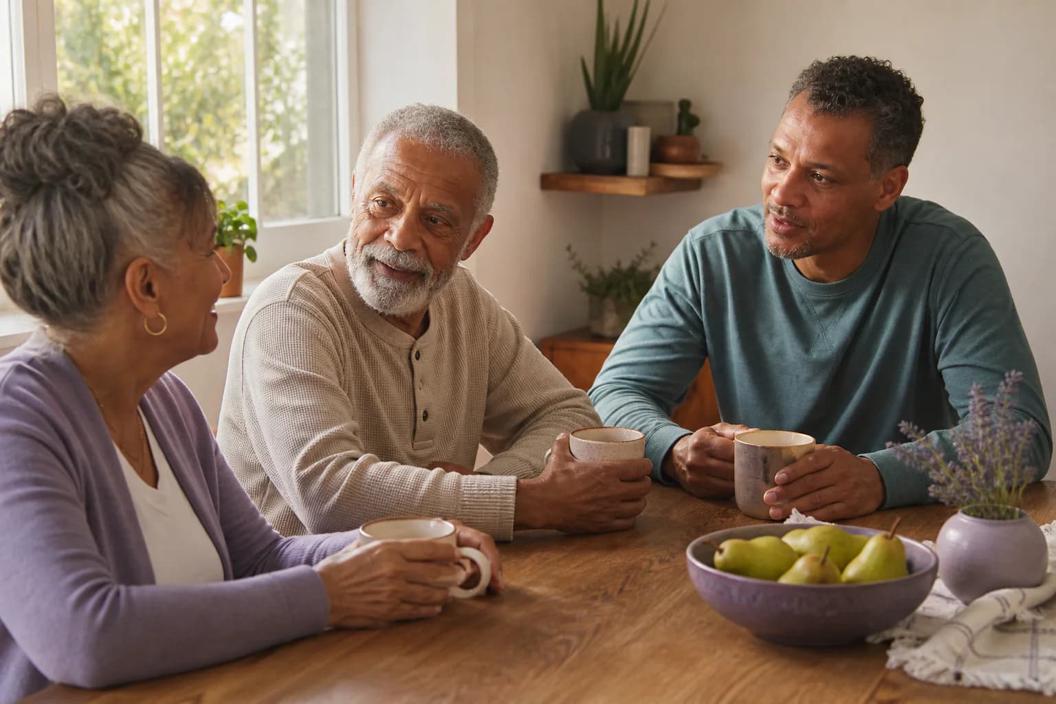 An older couple and their adult son sharing time together at home